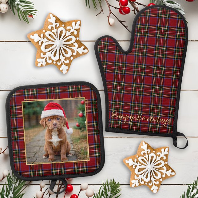 Christmas Personalised Pet Dog Photo Holiday Plaid Oven Mitt & Pot Holder Set (Creator Uploaded)