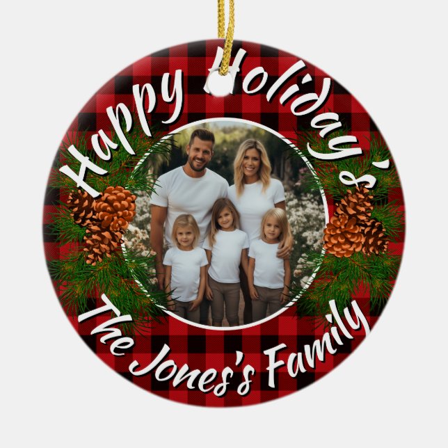 Christmas personalised photo red plaid pinecones ceramic ornament (Front)