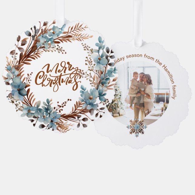 Christmas Personalised Photo Wreath and Typography Tree Decoration Card (Front/Back)