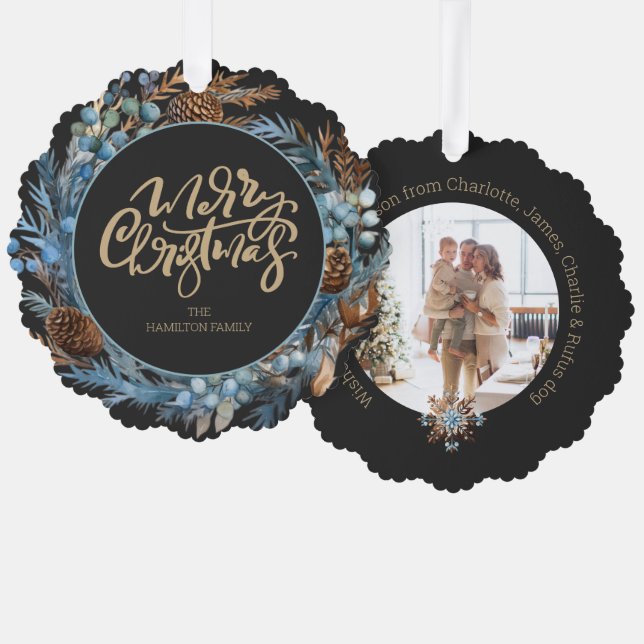 Christmas Personalised Photo Wreath and Typography Tree Decoration Card (Front/Back)