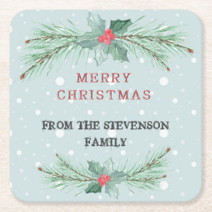 Christmas, Personalised, Spruce, mistletoe Square Paper Coaster