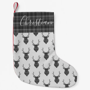 Christmas Personalised Stag Head Grey Tartan Small Christmas Stocking