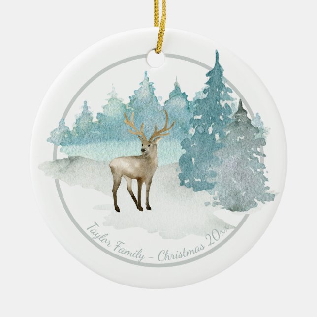 Christmas Personalised Woodland Winter Deer Ceramic Ornament (Front)