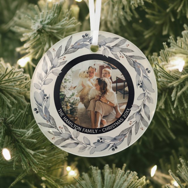 Christmas Personalised Wreath Photo Frame Glass Tree Decoration (Insitu)
