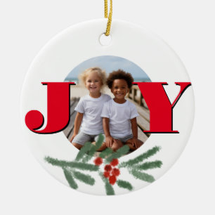 Christmas personalize JOY Holly photo template Ceramic Ornament