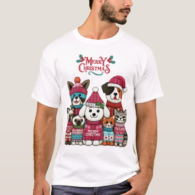 Christmas Pets Knitting Style T-Shirt (Front)