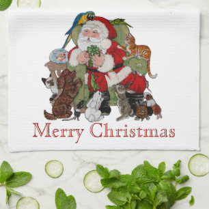 Christmas Pets Santa Dog Cat Animal Lover Tea Towel