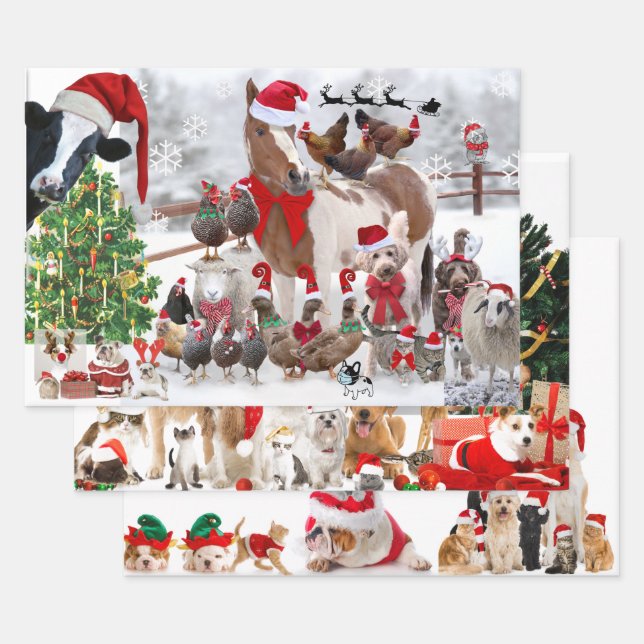 CHRISTMAS PETS Wrapping Paper Flat Sheet Set of 3 (Set)
