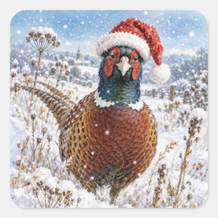 Christmas Pheasant in Winter Field Square Sticker