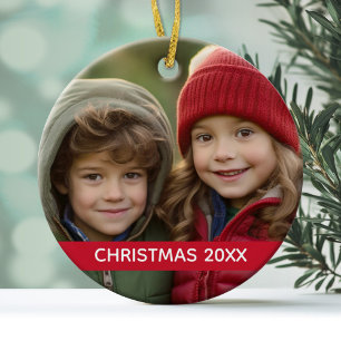 Christmas Photo and Year Modern Minimal Red Stripe Ceramic Ornament