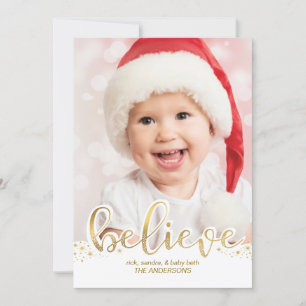 Christmas Photo Believe Faux Gold Foil Effect Holiday Card