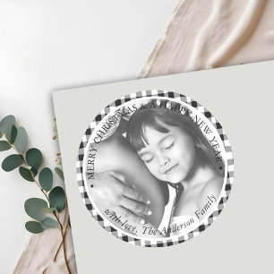 Christmas Photo Black White Plaid Gingham Pattern Classic Round Sticker