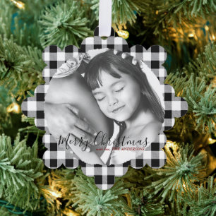 Christmas Photo Black White Plaid Gingham Pattern Tree Decoration Card