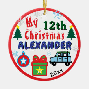 Christmas PHOTO Blue Car Boy Age Name Ceramic Ornament