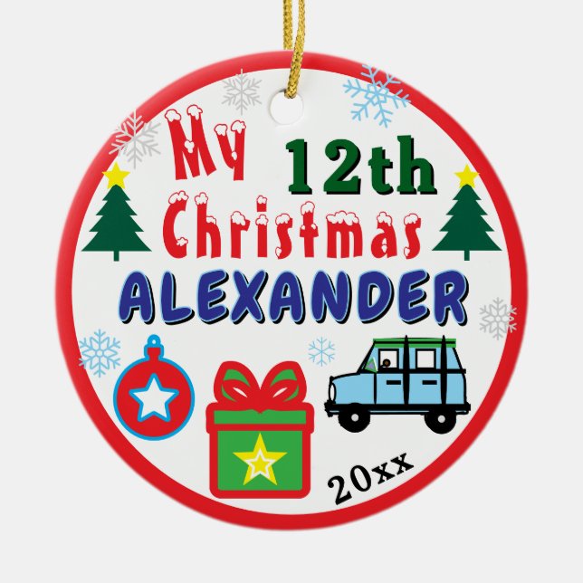 Christmas PHOTO Blue Car Boy Age Name Ceramic Ornament (Front)