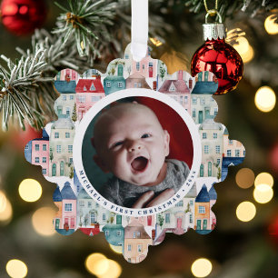 Christmas Photo Blue Festive Houses Holiday  Tree Decoration Card