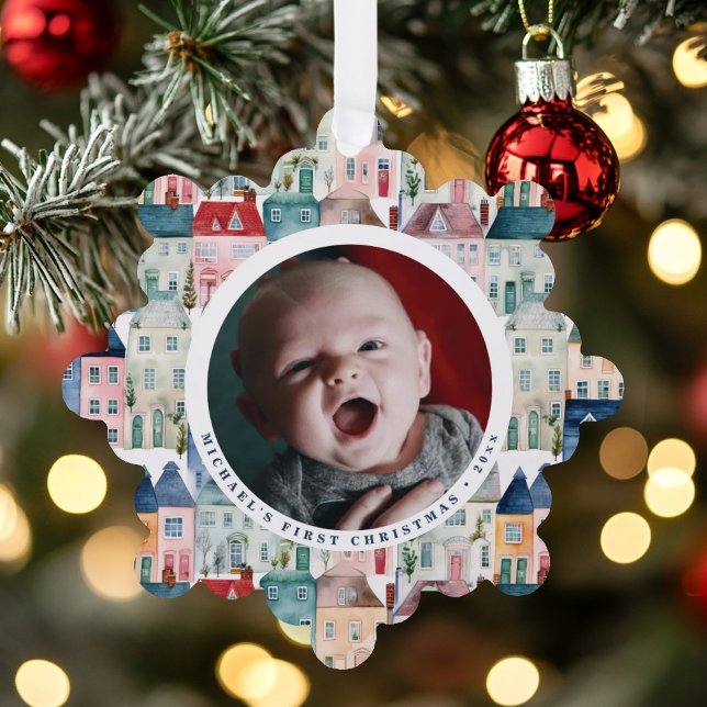 Christmas Photo Blue Festive Houses Holiday  Tree Decoration Card (Creator Uploaded)