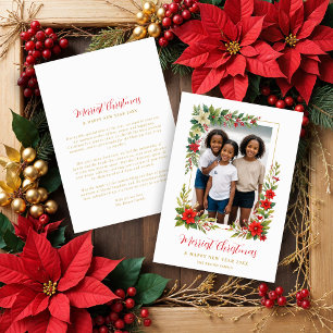 Christmas Photo Botanical Frame Poinsettias Blooms Holiday Card