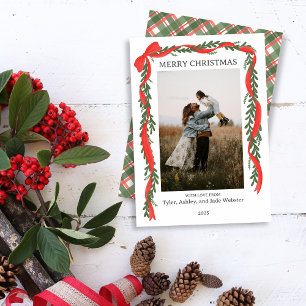 Christmas Photo Card - Classic Red Bow & Greenery