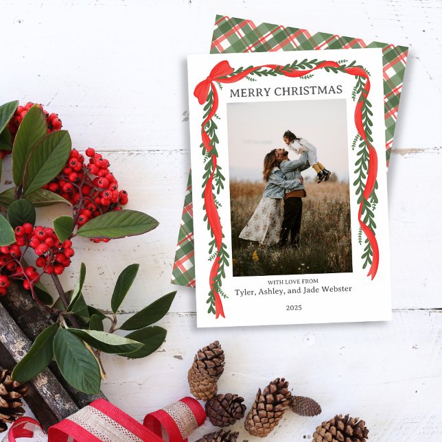Christmas Photo Card - Classic Red Bow & Greenery (Creator Uploaded)