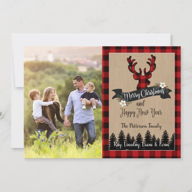 Christmas Photo Card Deer and Buffalo Plaid (Front)