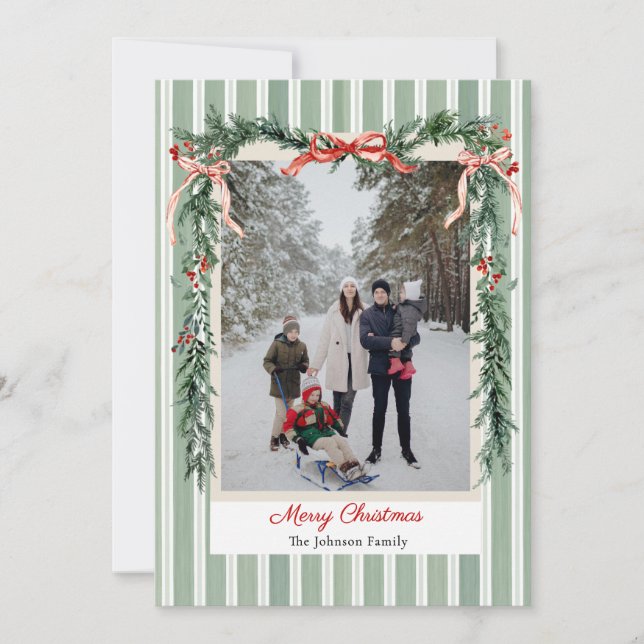 Christmas Photo Card Green Stripes Pine Garland (Front)