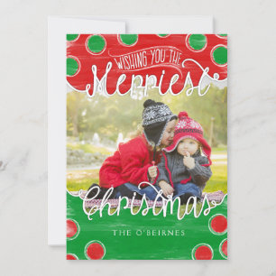Christmas Photo Card in Red Green Watercolor Dots