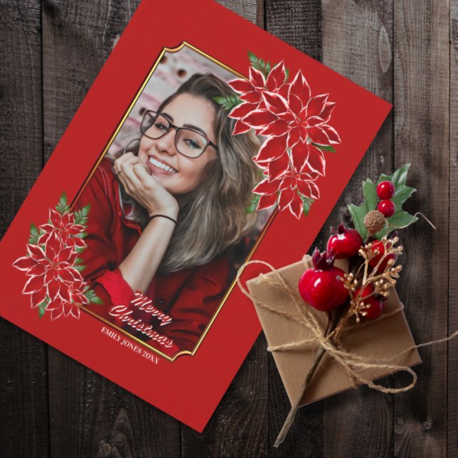 Christmas Photo Card Red Poinsettia Red Border (Creator Uploaded)