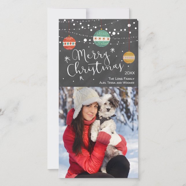 Christmas photo card with ornaments on chalkboard (Front)