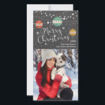 Christmas photo card with ornaments on chalkboard<br><div class="desc">Christmas photo card with ornaments and string lights on a chalkboard background. Colourful ornaments hang from the top of the card with white string lights. The message reads, "Merry Christmas". You can add your own photo, year, family name and names. You can click on the customise link to shift your...</div>