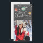 Christmas photo card with ornaments on chalkboard<br><div class="desc">Christmas photo card with ornaments and string lights on a chalkboard background. Colourful ornaments hang from the top of the card with white string lights. The message reads, "Merry Christmas". You can add your own photo, year, family name and names. You can click on the customise link to shift your...</div>
