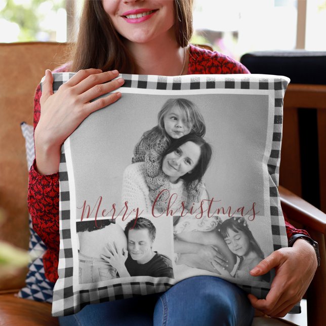 Christmas Photo Collage Black White Plaid Gingham Cushion (Creator Uploaded)