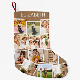 Christmas Photo Collage Customisable Name Brown Small Christmas Stocking