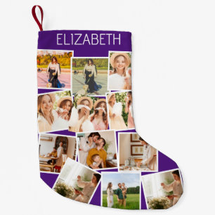 Christmas Photo Collage Customisable Name Purple Small Christmas Stocking
