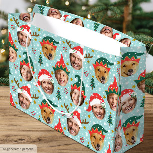 Christmas Photo Collage Festive Funny Face Blue Large Gift Bag