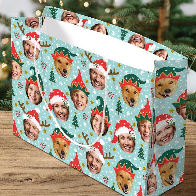 Christmas Photo Collage Festive Funny Face Blue Large Gift Bag (Creator Uploaded)