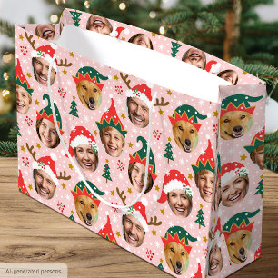 Christmas Photo Collage Festive Funny Face Pink Large Gift Bag