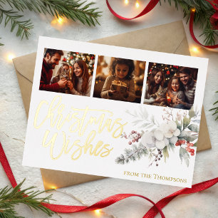 Christmas photo collage gold christmas wishes foil holiday postcard