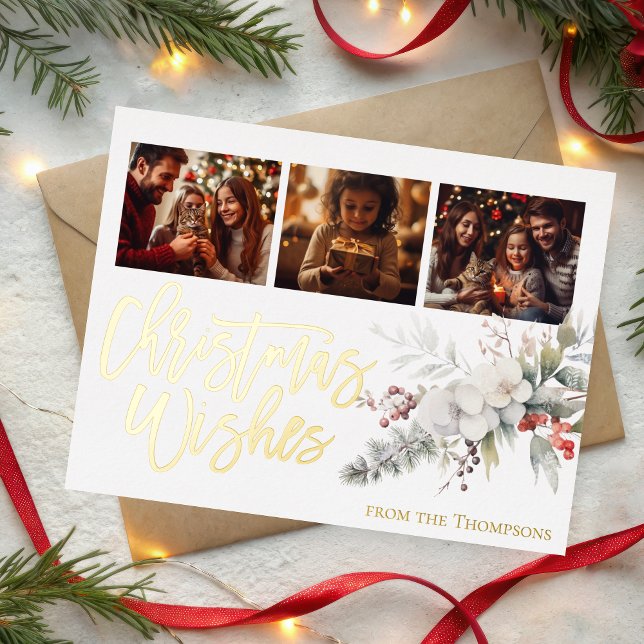 Christmas photo collage gold christmas wishes foil holiday postcard (Creator Uploaded)