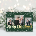 Christmas Photo Collage Gold Foil Holiday Card<br><div class="desc">Christmas Photo Collage Gold Foil Holiday Card. This elegant Merry Christmas postcard features a festive frame overlay of white snowflakes with real gold foil on a green background with a photo collage of 3 images. The back includes a 4th photo and additional text for personalising. Find matching items in the...</div>