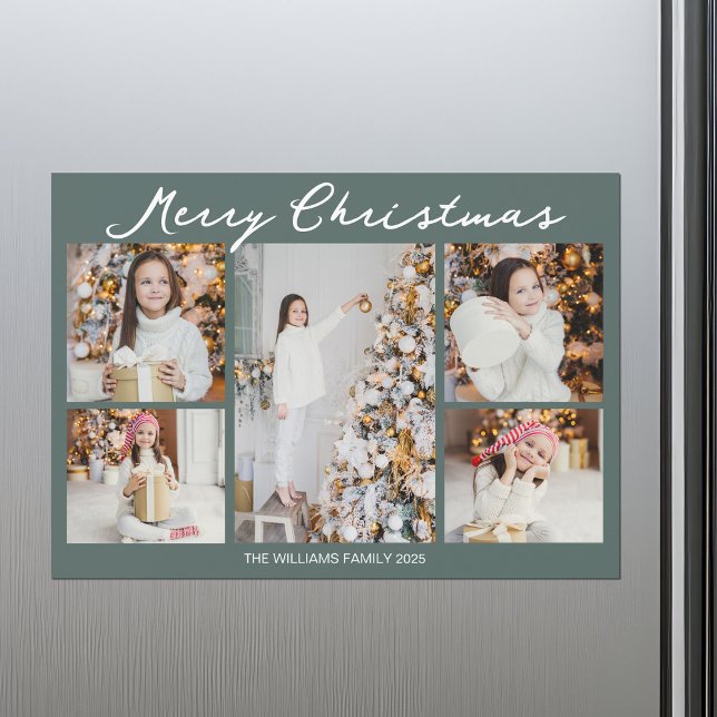 Christmas Photo Collage Grey Green Magnet Card (Creator Uploaded)