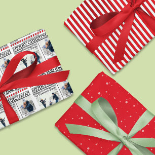 Christmas Photo Collage Holiday Red Newspaper Wrapping Paper Sheet