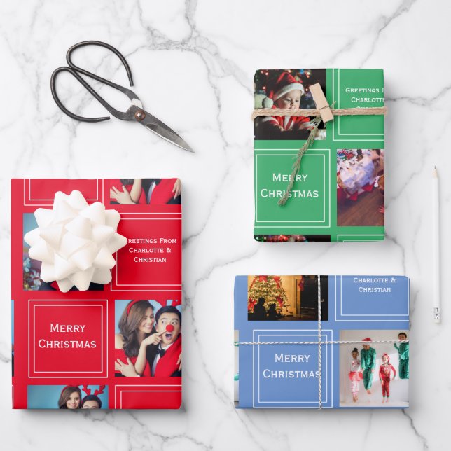 Christmas Photo Collage Personalised Template Wrapping Paper Sheet (Front)