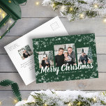 Christmas Photo Collage Postcard<br><div class="desc">Bring a touch of festive elegance to your holiday mail with this green and white snowflake postcard, featuring three photos on the front and one on the back. The rich green background and intricate white snowflakes create a classic holiday look that pairs beautifully with your treasured photos. This postcard offers...</div>