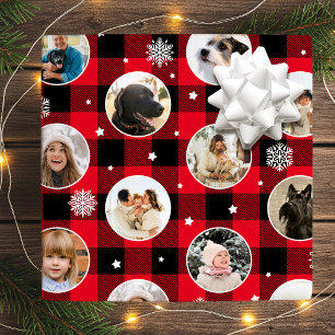 Christmas Photo Collage Red Buffalo Plaid Custom Wrapping Paper