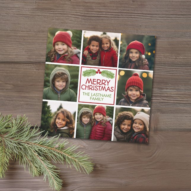 Christmas Photo Collage with Rustic Pine Holiday Card (A photo collage for a Christmas card with whimsical berries.)