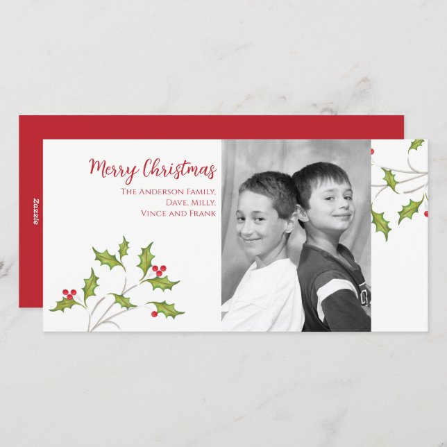 Christmas Photo Elegant Botanical Holly Berries  Holiday Card (Front/Back)