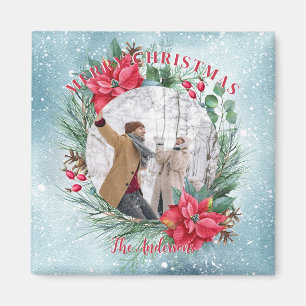 Christmas photo family floral wreath magnet