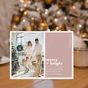 Christmas Photo Family   Merry + Bright Pink Postcard