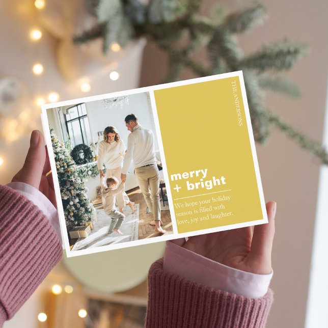 Christmas Photo Family | Merry + Bright Yellow  Postcard (Creator Uploaded)